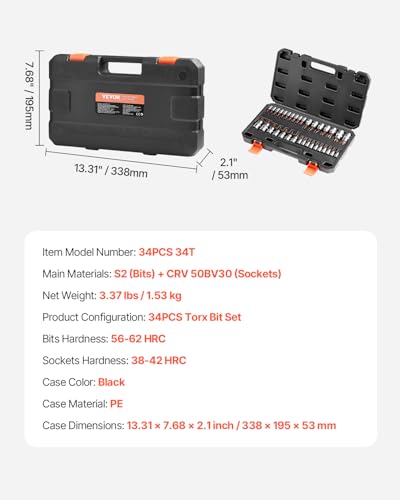 VEVOR Torx Bit Socket Set, 34-Piece Solid Star and Tamper Proof T6-T70, S2 Alloy Steel and Cr-V Steel, 1/4 in, 3/8 in, and 1/2 in Drives, with Enhanced Storage Case, Torx Sockets for Hand Use - style: 34 PCS Torx
