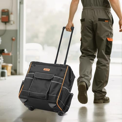 VEVOR 15" Rolling Tool Bag, 110 lbs Load Capacity, 25 Pockets Heavy Duty Roller Tool Bag on Wheels, Adjustable Telescoping Handle & Stable Base, Toolbag Organizers w/Wheels for Construction, Mechanic - size: 15 in
