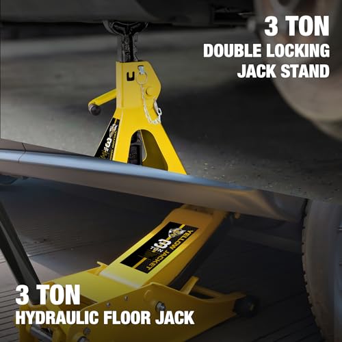 YELLOW JACKET 3 Ton Low Profile Hydraulic Floor Jack with 3 Ton Double Locking Jack Stands