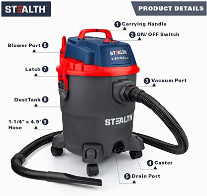 Stealth Wet/Dry Vacuum 5 Gallon, 5.5 Peak HP Shop Vacuum with Blower & Drain Port for Home Clean, Garage Clean, Car Detailing, Workshop, ECV05P2 Small Shop Vac