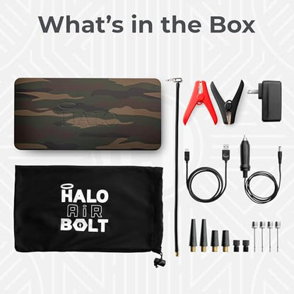 HALO Bolt Air 58830 Portable Car Battery Jump Starter | 100 PSI Air Compressor, 58.8Wh USB Power Bank, Emergency Floodlight & Charger, Jumps Cars SUVs & Trucks, Inflates Tires, TSA Approved — Camo - color: Camo