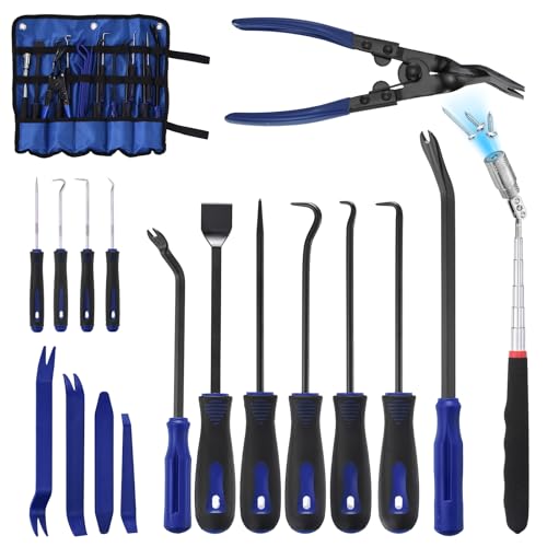 17Pcs Hook and Pick, Rotary Head Magnetic Pickup Tool Clip Pliers Plastic Pry Pieces Large Small Hook Pry Bar Gasket Scraper for Remove Hoses Gaskets Car Panel Fastener, Blue - color: Blue