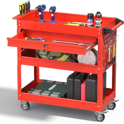 3 Tray Rolling Tool Cart with Drawers, 400 LBS Capacity Mechanic Tool Cart on Wheels, Heavy Duty Utility Cart with Pegboard for Garage, Warehouse and Repair Shop, Red - color: Red