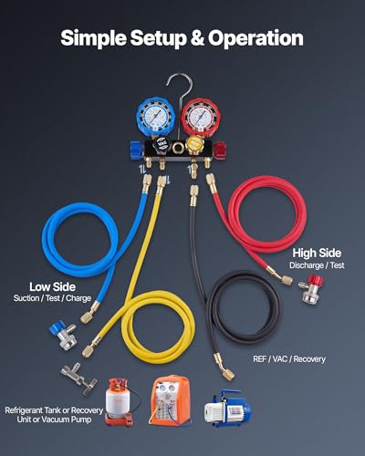 VEVOR AC Manifold Gauge Set for R134a R404A R1234yf R22 Refrigerant, 4 Way AC Gauge with 5 ft Hoses, Adapters, Quick Couplers, Can Taps for Automotive Air Conditioning Maintenance, Charging Evacuation - size: R134a/R404A/R1234yf/R22, style: 4 Way with Box