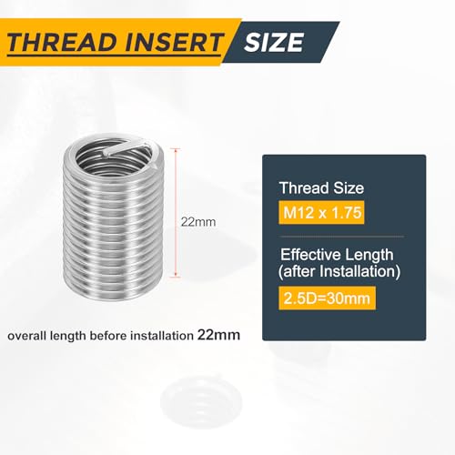 HARFINGTON 20pcs Wire Thread Repair Inserts M12 x 1.75 x 2.5D (30mm) Metric 304H Stainless Steel Helical Coiled Wire Screw Threaded Sleeve Sheath for Automotive Repairs - size: M12 x 1.75 x 2.5D
