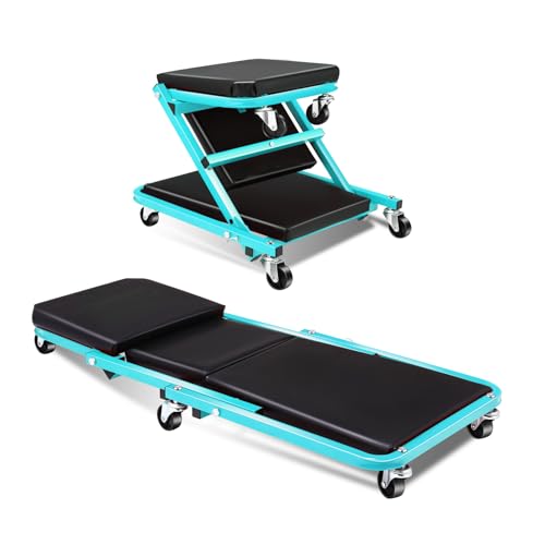 40 inch Adjustable Foldable Z Creeper Rolling Seat with Wheels for Garage Shop Auto Repair, 330LBS Capacity 2 in 1 Chair, Blue - style: 40inch-Blue