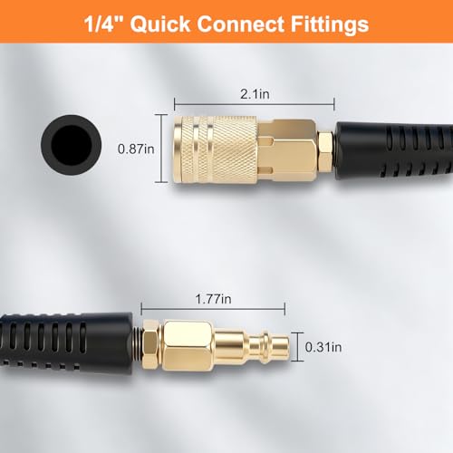 PU Recoil Air Hose, 1/4" NPT Polyurethane Coiled Air Compressor Hose with Quick Coupler & Bend Restrictors, Flexible Retractable Spring Air Line for Pneumatic Tools, Garage, Workshop 25'' Blue