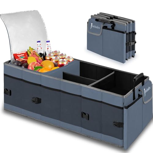Trunk Organizer with Built-in Insulated Leak Proof Cooler Bag,Collapsible Cargo Organizer for SUV with Non Slip Bottom Strips,3 Large Compartments Foldable Waterproof Portable Car Storage Box XL - color: Grey with Cooler Bag