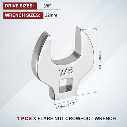 HARFINGTON Drive Crowfoot Wrench 3/8 Inch 22mm Metric Flare Nut Wrench CR-V Steel Electroplating Open End Crowfoot Spanner for Automotive Repair Mechanics, Bright Silver - size: 3/8 Inch x 22mm