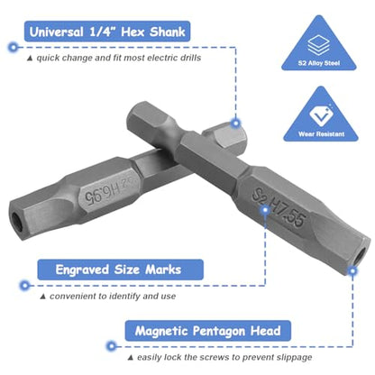 Mesee 10 Pieces Torx Star 5 Point Security Tamper Proof Screwdriver Bits with 1/4" Hex Shank H2.15-H7.55 Magnetic Pentagon Head Screw Driver Bits, 2-Inch Length