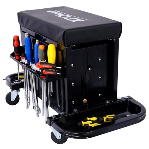 Mechanic Roller Seat with Tool Box, 3-Drawer Rolling Tool Chest Stool Mechanic Stool with Side Tool Trays