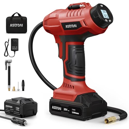 AstroAI C2 Cordless Tire Inflator Air Compressor 20V Rechargeable Battery Powered 160PSI Portable Air Pump with 12V Car Power Adapter Digital Pressure Gauge for Cars Motorcycles Red - color: Red
