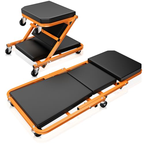Auto Dynasty 36" Z-Creeper Seat, 2-in-1 Foldable Garage Creeper Shop Seat, 330 LBS Capacity Automotive Mechanic Repair Under Car Rolling Creeper Seat, Orange - color: Orange, size: 36 Inch