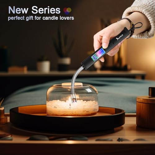 SUPRUS Electric Candle Lighter USB-C Rechargeable with Digital Battery Display Ambient Lighting Safety Switch 360° Flexible Neck Flameless Plasma Windproof Perfect for Candle BBQ Camping (Black) - color: Black