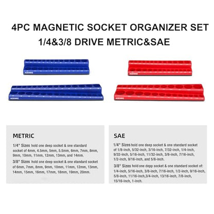 Magnetic Socket Organizer, 4-Pack Metric SAE Holder Set 1/4", 3/8" Drive Socket Trays, Holds 108 Pcs Standard and Deep Size Sockets(Socket not Included) - size: 3/8",1/4"SAE&METRIC/4PCS