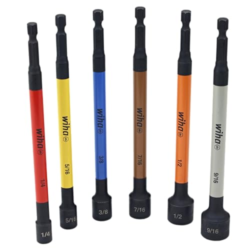 Wiha 70486 Magnetic Nut Setter Set, 6 Piece SAE, Color Coded, 1/4-Inch Hex Drive, Impact Rated