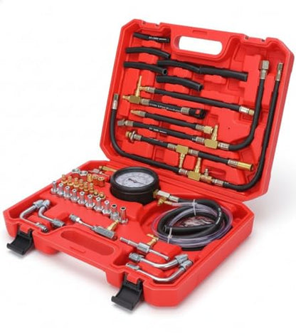 Fuel Injection Pressure Tester Kit 0-140 PSI, Universal Fuel Pump Pressure Gauge Set with Quick Release Valve, Reinforced Hoses & Multi-Size Adapters for Gasoline Engine Diagnostic (((TU-443Red))) | Fuel Injection Pressure Tester Kit 0-140 PSI