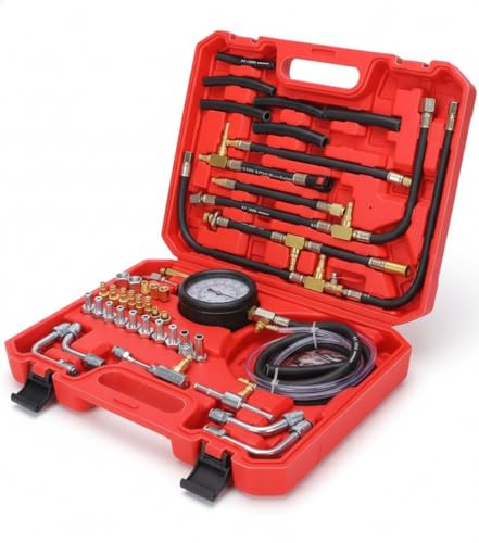 Fuel Injection Pressure Tester Kit 0-140 PSI, Universal Fuel Pump Pressure Gauge Set with Quick Release Valve, Reinforced Hoses & Multi-Size Adapters for Gasoline Engine Diagnostic (((TU-443Red))) | Fuel Injection Pressure Tester Kit 0-140 PSI