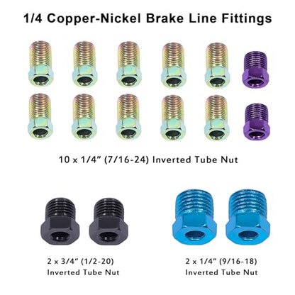 25ft 3/16 & 1/4 Copper-Nickel Brake Line Kit, 32 Fittings | .028" wall thickness, SAE thread design, rust-proof, easy hand bend, ideal for brake & fuel line replacement - size: 3/16+1/4, 2Kits