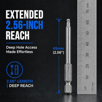 VESTTIO Ball End Hex Head Metric Allen Wrench Drill Screwdriver Bit Set 7PCS 1/4 Inch Hex Shank 2.56 Inch/65 mm Length S2 Steel with Magnetic for Power Screwdriver Drill Impact Driver | Industrial S2 alloy steel, 1/4 inch hex shank, magnetic tips, metric