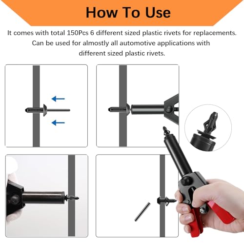 156Pcs Plastic Rivet Gun Kit, Professional Hand Riveter with 150 Nylon Rivets Clip (6 Sizes) & 5 Fastener Removal Tools, Universal Rivet Kit for Automotive/Electronics