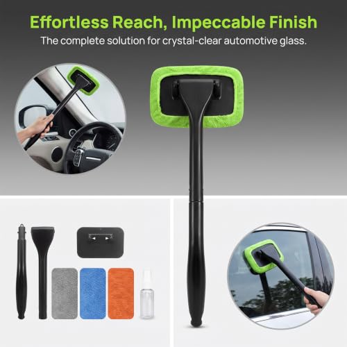 Car Windshield Cleaner Tool, Inside Windshield Cleaning Tool | with 4 Washable and Reusable Microfiber Pads, Auto Wiper Inside Compact Windshield Brush for Car & Home Windows