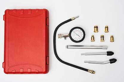 PMD Products Engine Cylinder Compression Tester Kit with Extender Tubes, 5 Spark Plug Adapters (M10, M12, M14, M16, M18), Dual Scale Compression Gauge, and Quick Check Rubber Cones