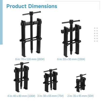 OMISTAR 5 PCS 2 Jaw Gear Puller, 2'' 3'' 4'' 6'' 8'' Adjustable Bearing Puller Remover, Hand Remover Tool Pump Pulley Remover for Flywheel, Pulley, Gear, Shaft Removal (2'' 3'' 4'' 6'' 8'') - color: 2'' 3'' 4'' 6'' 8''