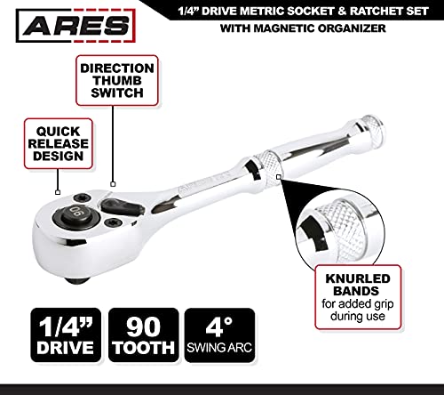 ARES 47003 28-Piece 1/4-inch Drive Metric Socket and 90-Tooth Ratchet Set | Sizes 4mm to 14mm Deep and Shallow Sockets