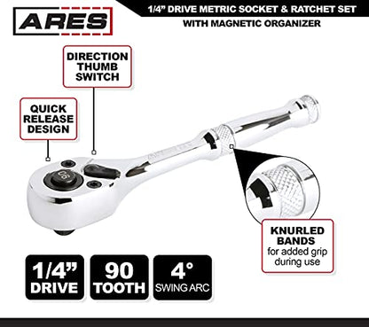 ARES 47003 28-Piece 1/4-inch Drive Metric Socket and 90-Tooth Ratchet Set | Sizes 4mm to 14mm Deep and Shallow Sockets