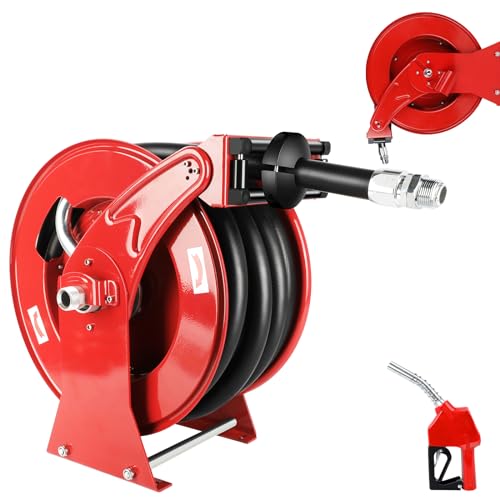 1" x 33ft Diesel Fuel Hose Reel, Fuel Transfer Hose for Electric Pump & Tank, 1 inch Retractable Diesel Hose 300 PSI with Auto Rewind Reels, Manual Fuel Reel for Boat Def Fluid Truck Bed Trailer Cart - color: Red, size: 1" x 33ft