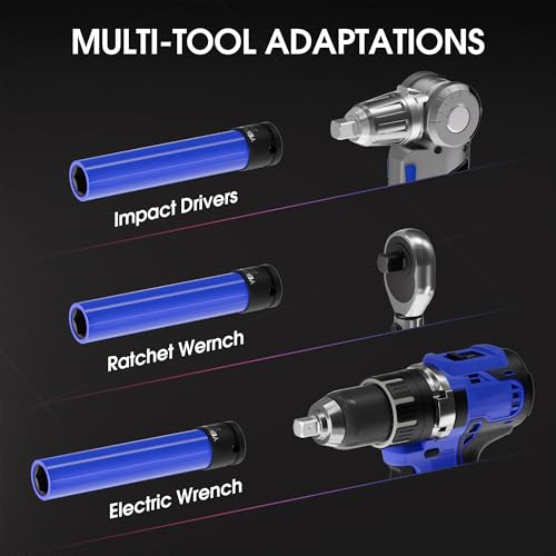 Lug Nut Socket Set, 3PC 1/2" Drive Extra Long Impact Socket | 17/19/21mm, 6" Thin Wall Deep Sockets, Non-Marring Wheel Protector Metric Socket Kit, with Carry Case