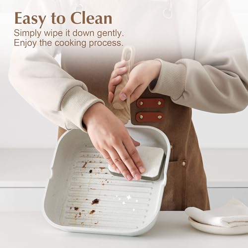 SENSARTE Nonstick Ceramic Grill Pan with Lid, Versatile Square Grilling Pan with Pour Spouts, Durable Grill Skillet for All Stoves(Gas,Electric,Induction) Non Toxic-PTFE,PFAS,PFOA Free, 9.5 Inch - color: White Ceramic, size: 9.5 Inch+Lid