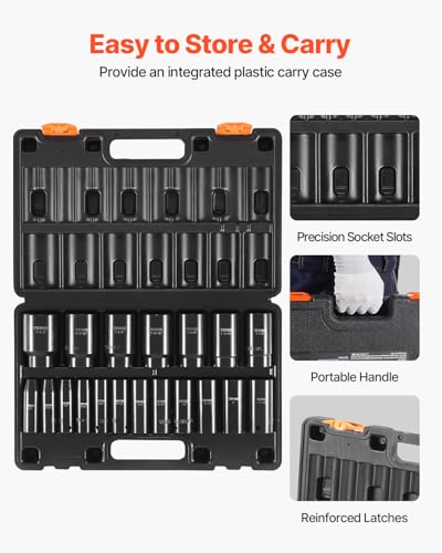 VEVOR Impact Socket Set, 1/2" 19 Piece Impact Sockets, Deep Socket, 6-Point Sockets, 1/2 Inches Drive Socket Set Impact 3/8 inch - 1-1/2 inch, Cr-V Rugged Construction, with a Storage Cage - style: 1/2" 19PCS