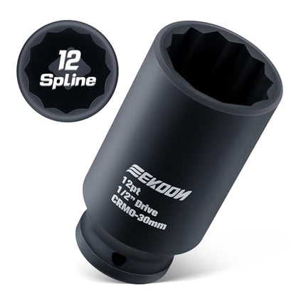 Feekoon Axle Nut Impact Socket, 30mm, 12 Point, 1/2 Inch Drive, CR MO, Spindle Nut Socket for Removing Axle Shaft Nuts, Universal Fit Nuts Remover, Deep Well Hub Release Tool for Impact Wrench