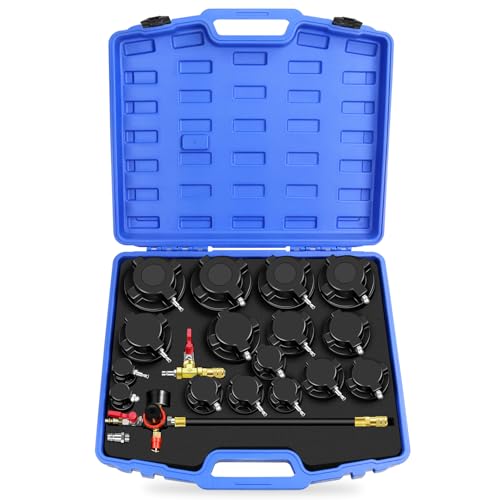 YSTOOL Turbo System Leakage Tester Kit 18Pcs Turbo Boost Leak Tester Set with 8 Pairs of Stepped Adapters (1-1/4" to 4-1/4") Air Pressure Gauge, for Radiators Cooling Emission Exhaust Pipes Testing