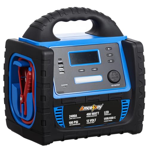 2400A Car Battery Jump Starter and Portable Power Station – Starts 8.0L Gas & 8.0L Diesel – 6-in-1 Jump Starter with Air Compressor 100 PSI Tire Inflator – 400 Watt Inverter AC/DC/USB Outlets - style: Blue
