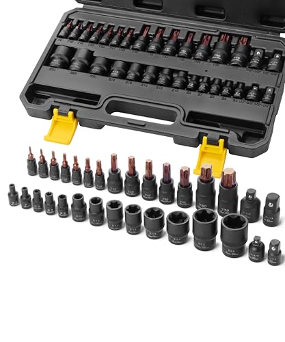 Bates- Torx Bit Socket Set & E Torx Socket Set, 31 pcs, Cr-V Steel, Star T8-T70, E4-E24, 1/4", 1/2" & 3/8" Adaptors & Reducers