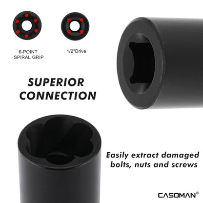 CASOMAN 5 Pieces 1/2"Dr. Twist Socket Set, Lug Nut Remover Tool Metric Bolt and Lug Nut Extractor Socket Tools - size: 5-Piece