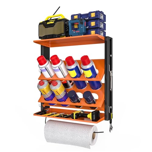 Spray Bottle Holder Wall-Mounted, Aerosol Spray Can Holder, Heavy Duty Paint Bottle Organizer with 8 Can Holes 80 LBS, Utility Storage Rack With Paper Towel Holder for Garage, Shop or Tool Trailer - style: B-Spray Can Rack