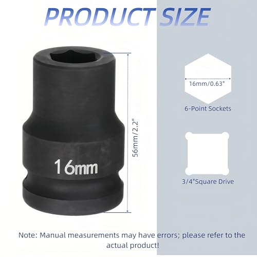 3/4"Drive x 16mm Metric, 6-Point Deep Impact Socket, Axle Nut Impact Socket | 40CR Alloy Steel,Clear labeling, Common Tools for Car Repair/Mechanical Work/Construction/Carpentry and Home Maintenance - size: 16mm