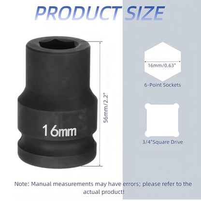 3/4"Drive x 16mm Metric, 6-Point Deep Impact Socket, Axle Nut Impact Socket | 40CR Alloy Steel,Clear labeling, Common Tools for Car Repair/Mechanical Work/Construction/Carpentry and Home Maintenance - size: 16mm