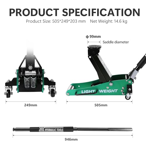 Green Aluminum and Steel Low-Profile Hydraulic Floor Jack with Quick Lift Dual Pump 3,000 lb Capacity Lightweight - color: Green