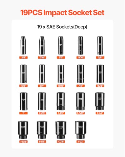 VEVOR Impact Socket Set, 1/2" 19 Piece Impact Sockets, Deep Socket, 6-Point Sockets, 1/2 Inches Drive Socket Set Impact 3/8 inch - 1-1/2 inch, Cr-V Rugged Construction, with a Storage Cage - style: 1/2" 19PCS