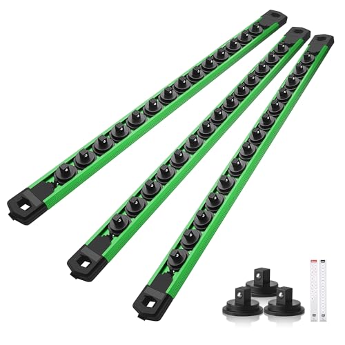 Reniteco Magnetic Socket Organizer Set, 3-Pack 1/4” Socket Rails | 42 Clips, Heavy-Duty Aluminum Alloy Rails, Removable 360° Swivel ABS Clips, Magnetic Base, Tool Box Drawer or Wall Mount - color: Green, size: 1/4-Inch Drive,3pc