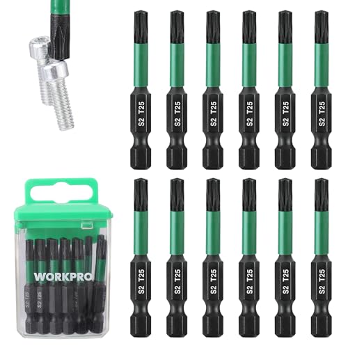 WORKPRO 12PCS 2" T25 Torx Magnetic Impact Screwdriver Bit Set | CNC Machined S2 Steel Tips with Magnetism, 1/4" Hex Shank Star Driver Bit, Long Impact Screwdriving Bits with Storage Box - size: 2 in