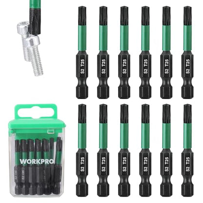 WORKPRO 12PCS 2" T25 Torx Magnetic Impact Screwdriver Bit Set | CNC Machined S2 Steel Tips with Magnetism, 1/4" Hex Shank Star Driver Bit, Long Impact Screwdriving Bits with Storage Box - size: 2 in