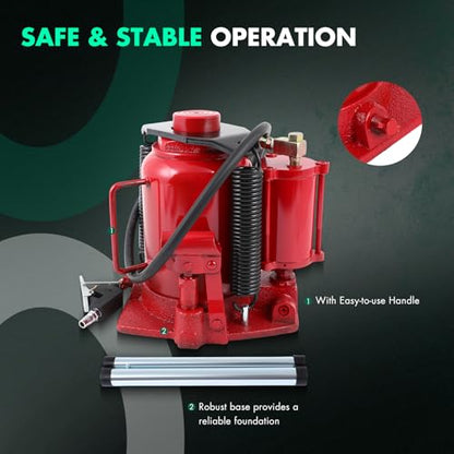 Pneumatic Air Hydraulic Bottle Jack with Manual Hand Pump 30 Ton (66 000 LBS) for Heavy Duty Auto Truck Travel Trailer Repair Lift Red Ideal for Car, Pickup, SUV, Industrial Engineering
