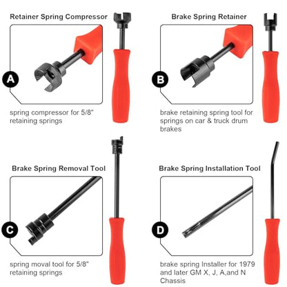 8 PC Drum Brake Tool Kit with Adjusting Tool | Complete Brake Spring Set with Brake Spring Compressor &Brake Spoon, for Brake Service with Spring Pliers, Spring Replacemen