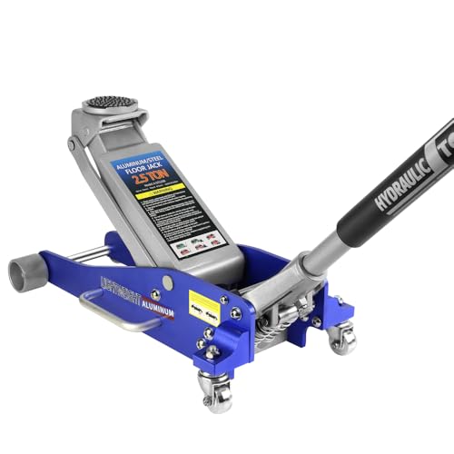 Hydraulic Low Profile Aluminum and Steel Racing Floor Jack with Dual Piston Quick Lift Pump and Dual Side Handles, 2.5 Ton (5,000 Lb) Capacity Lifting Range Between 3.74" to 18.7", Blue